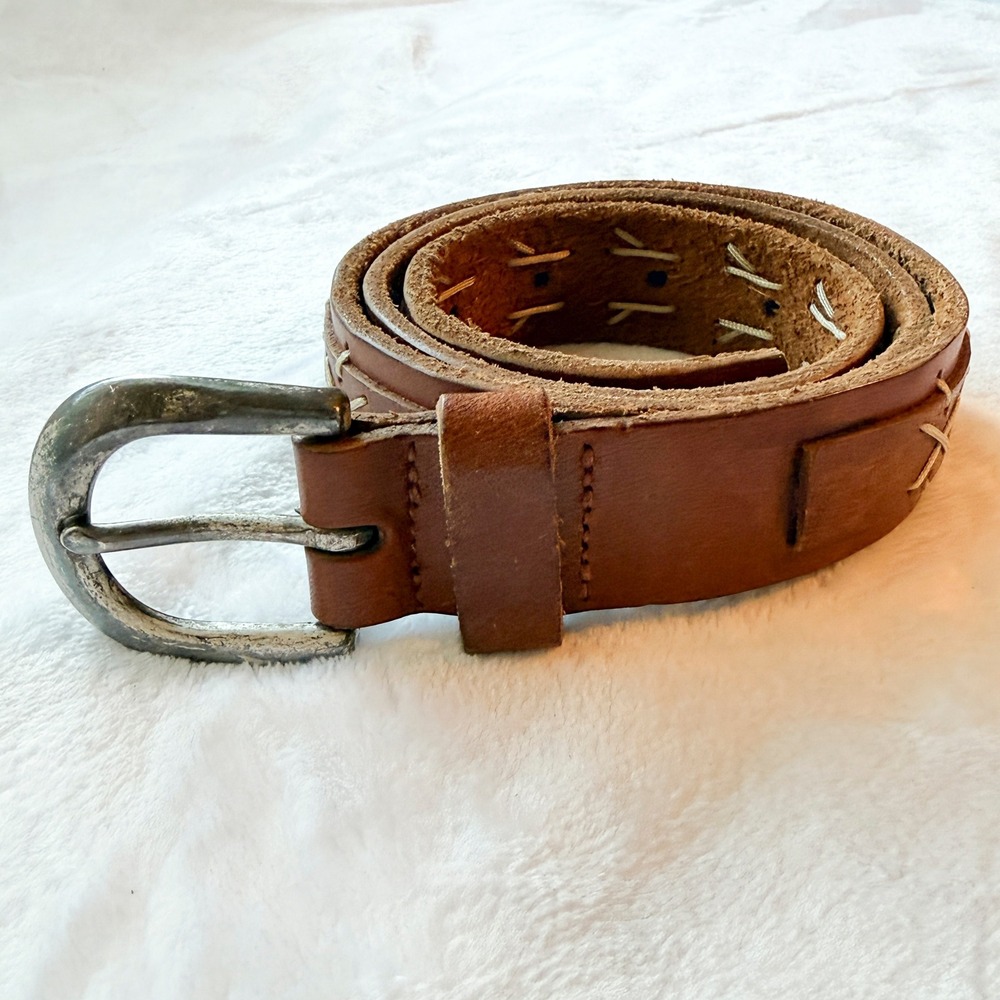 Vintage Brown Leather Whipstitch Belt Western Boho Silver Buckle 40 Inch